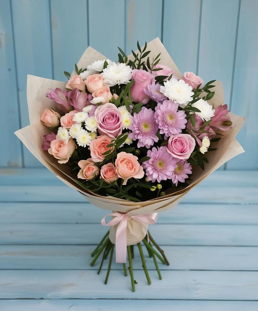 Букет цветов из: Хризантемы, Розы и Альстромерии в Сибирцево