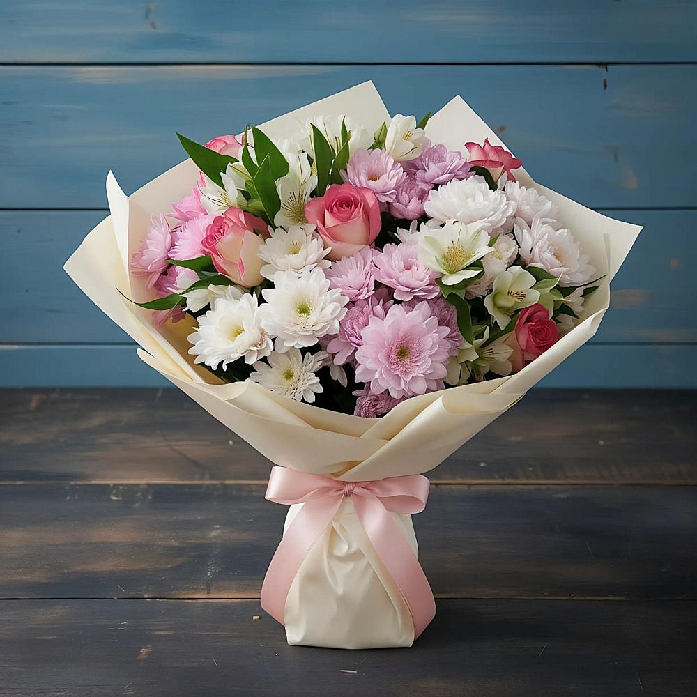 Букет цветов из: Хризантемы, Альстромерии и Розы в Сибирцево